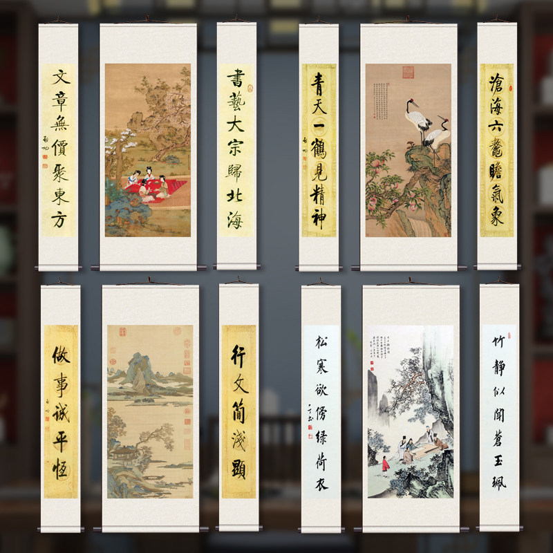 仿古中堂丝绸画装饰客厅挂画花鸟
