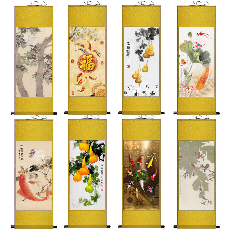 发财葫芦九鱼玄关客厅装饰名家字画风水画丝绸挂画招财鱼年年有余