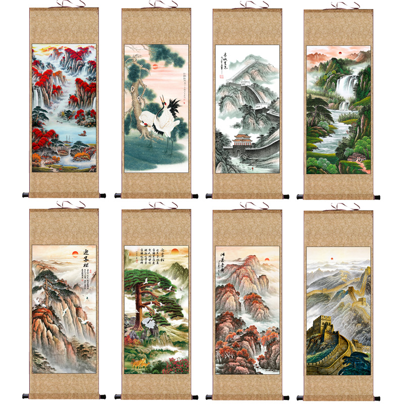 招财山水泰山字画靠山挂画丝绸画卷轴画长城挂画客厅装饰字画礼品