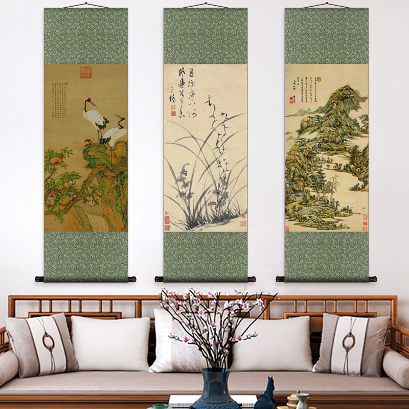 明仇英桃花图丝绸挂画装饰画宋氏美学风山水字画名家卷轴挂画送礼