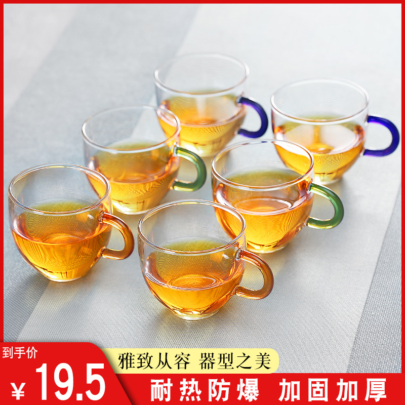 梵师 6只装耐高温玻璃小茶杯品茗杯 加厚耐热功夫茶杯 带把小杯子