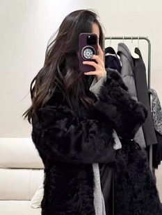 开间小湖羊环保水貂皮毛一体皮草V领貂皮羊羔毛毛外套女黑色大衣