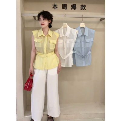 欧货无袖衬衫女2026夏季新款翻领腰带单排扣坎肩背心棉麻马夹上衣