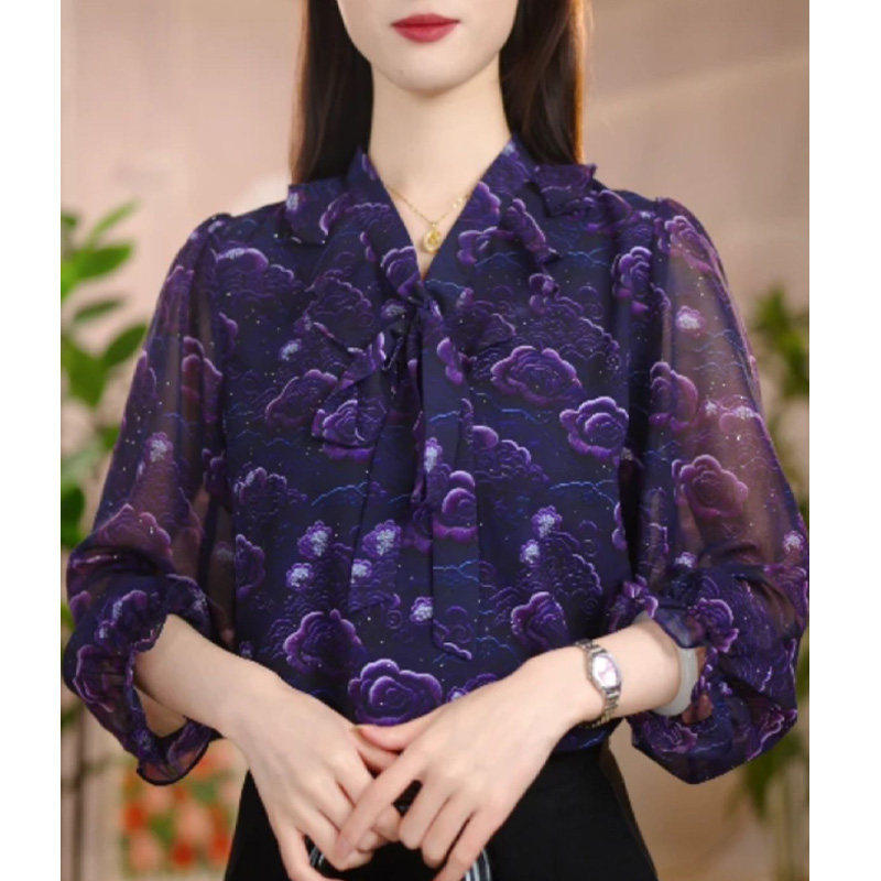 宽松新款小衫装紫色V减龄洋气妈妈雪纺衬衫领飘带上衣夏季女印花