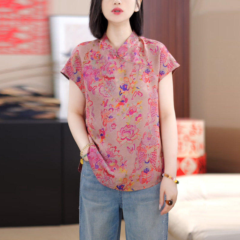 唐装漂亮改良中式衬衫小衫上衣女立领短袖夏季妈妈旗袍印花国风新