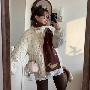 韩版粉色碎花葫芦缝线小个子羽绒棉服立领扣子女款2025新款外套