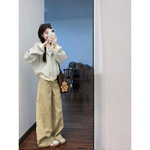 复古镰刀裤子工装高腰牛仔裤秋冬弯刀卡其色腿宽松阔直筒女裤美式