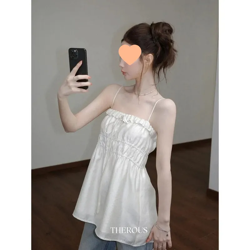 法式木耳边吊带夏季新款浅杏色 收腰显瘦上衣娃娃衫遮肚藏肉a字裙