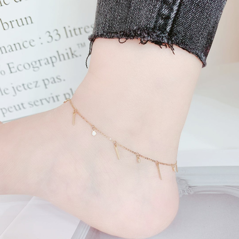 14K金脚链 黄金简约时尚AU585脚链 素金潮流清新彩金 K金流苏脚链