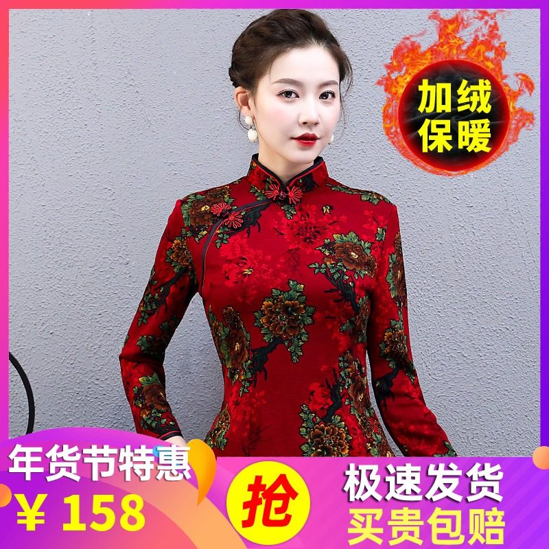 秋冬旗袍2021年新款冬款加厚加绒女改良旗袍上衣中式唐装上衣套装