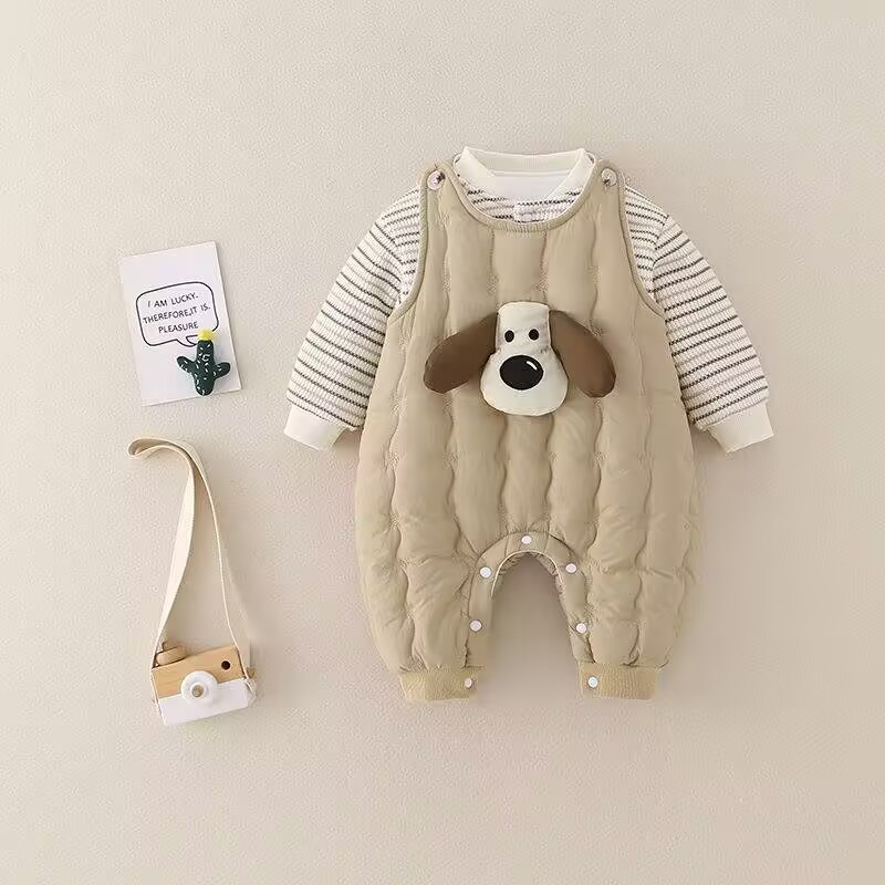 婴儿秋冬薄棉连体衣服新款加绒保暖宝宝冬装超萌可爱背带棉裤套装
