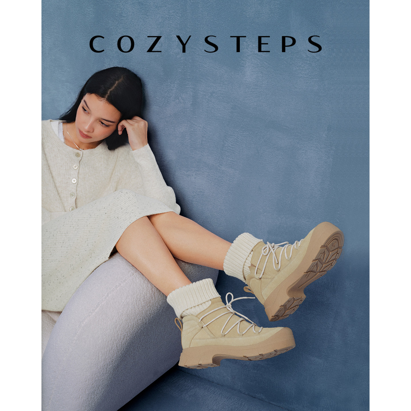 COZY STEPS可至SANIA羊毛袜套靴皮毛一体马丁靴中筒女26秋冬新款