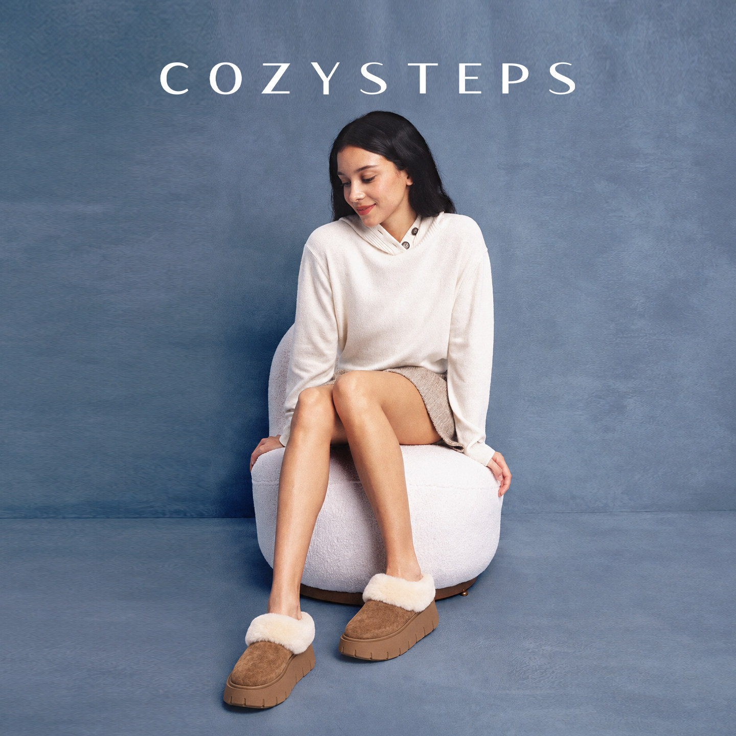 COZY STEPS可至 穆勒饼干厚底雪地靴外穿加绒懒人毛毛鞋26新品