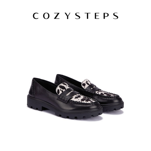 COZY STEPS 可至奶牛纹真皮乐福鞋防滑舒适厚底增高浅口单鞋女