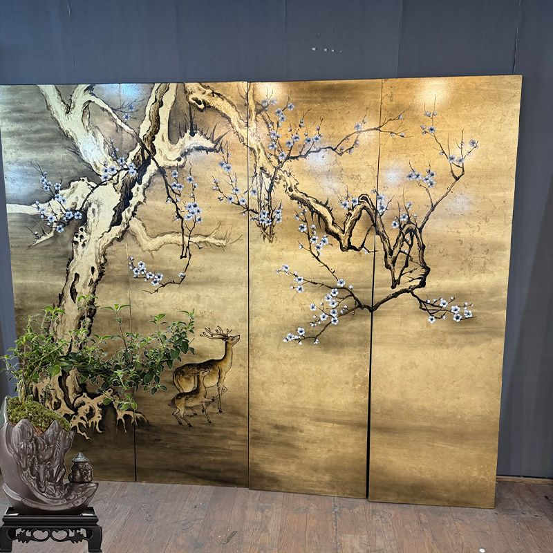 纯手绘金箔梅花鹿漆画屏风洒店装饰客厅背景室室隔断可移动可定制