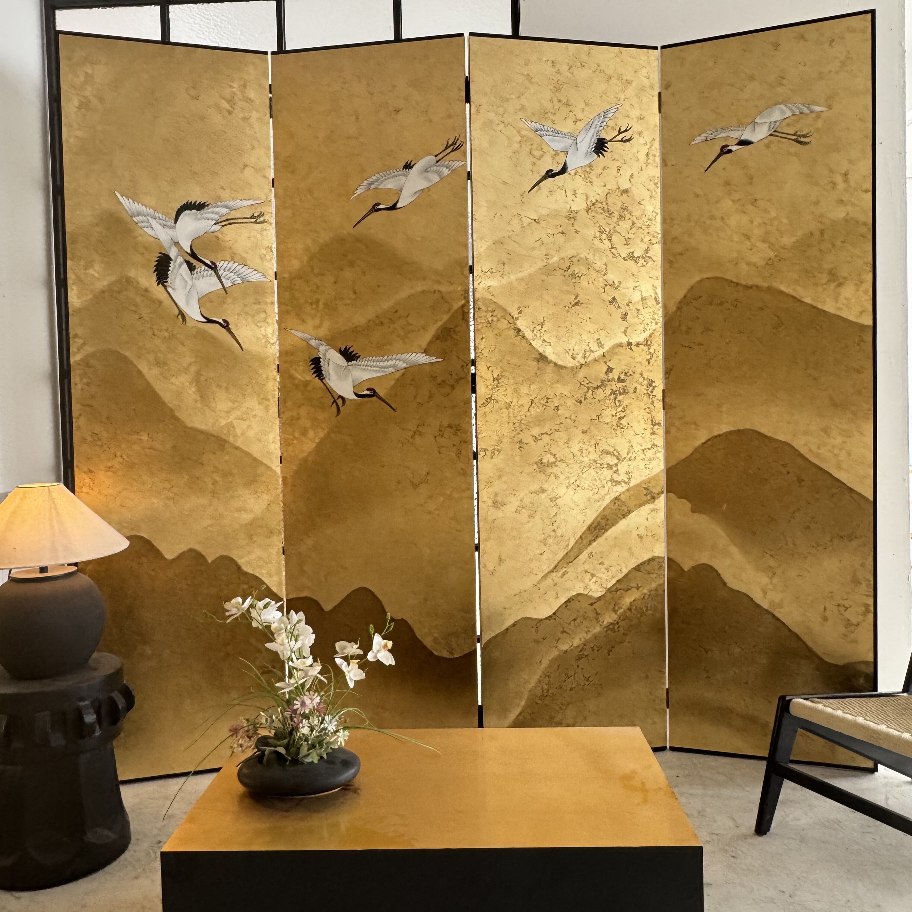 仙鹤图纯手工手绘漆画屏风
