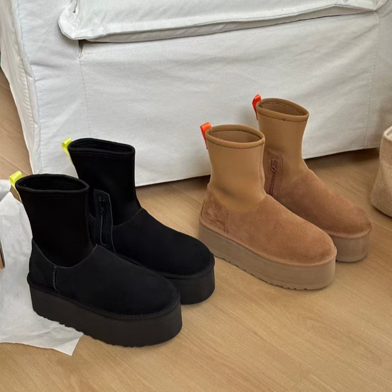 河南桑坡村增高迪普靴厚底铅笔弹力中筒靴侧拉链雪地靴小个子