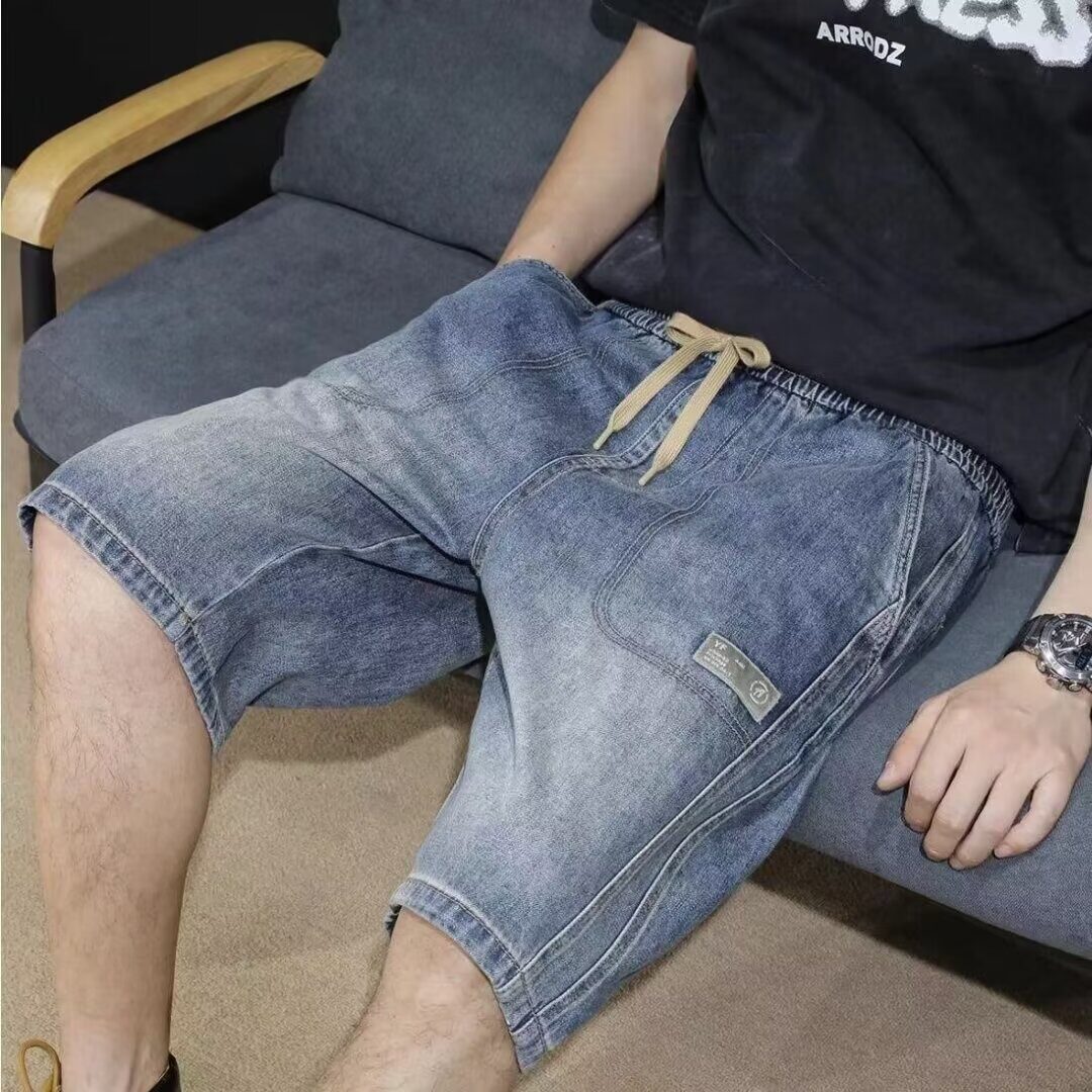 牛仔短裤男款夏季薄款宽松直筒五分裤日系潮牌休闲运动松紧腰中裤