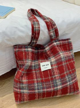 包包女2025新款秋冬复古毛呢格子托特包手提大容量通勤时尚单肩包