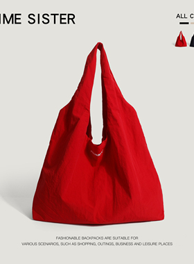 红色韩系大包购物袋速干帆布包包女手提休闲托特包潮大容量单肩包