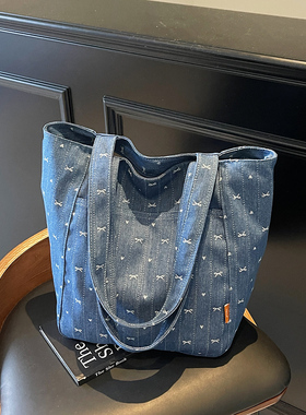 原创水洗牛仔帆布包包女韩版ins蝴蝶结刺绣单肩托特包百搭通勤包