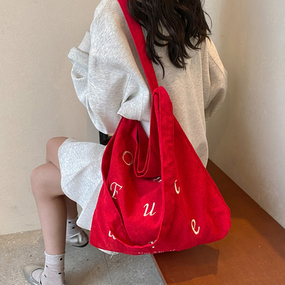 灯芯绒托特包大容量单肩斜挎刺绣