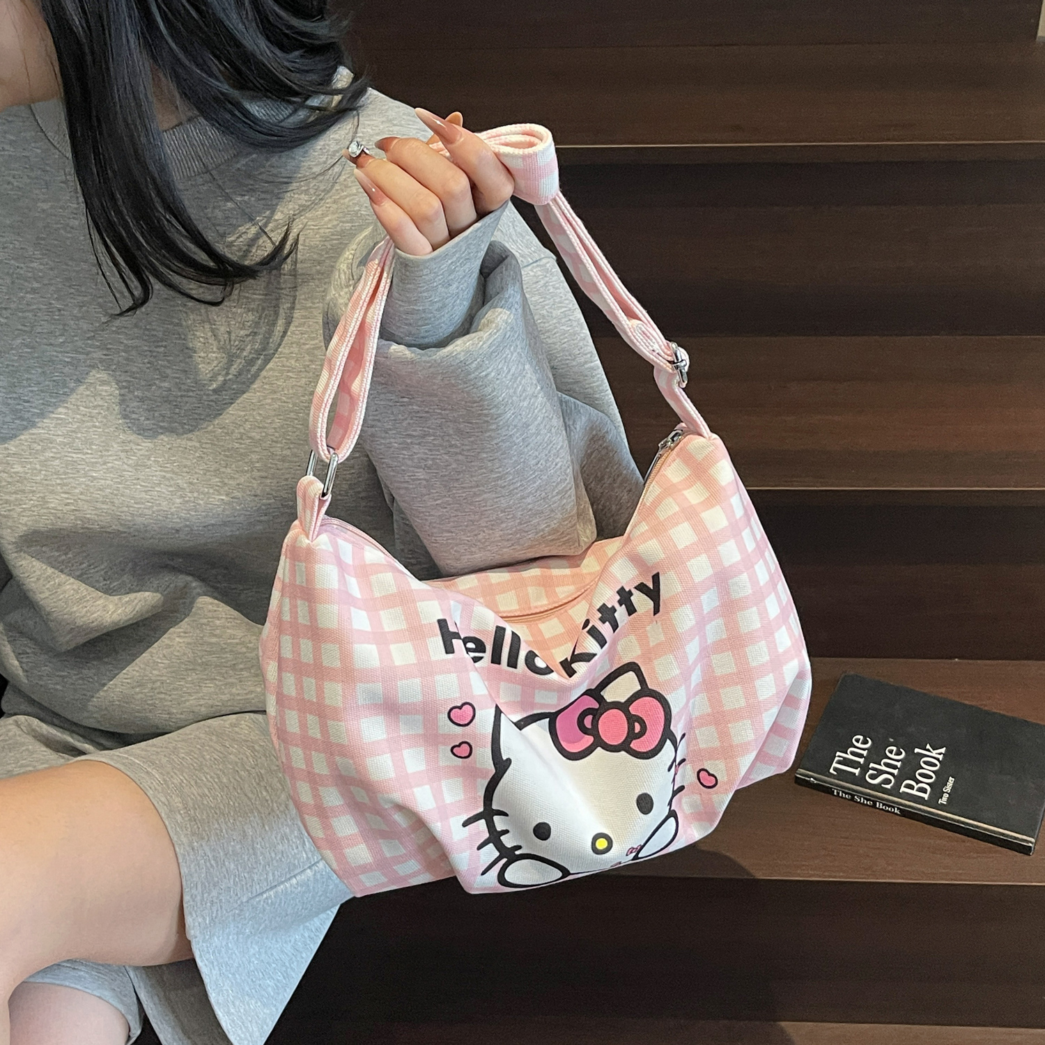 格子帆布包女可爱百搭通勤斜挎包