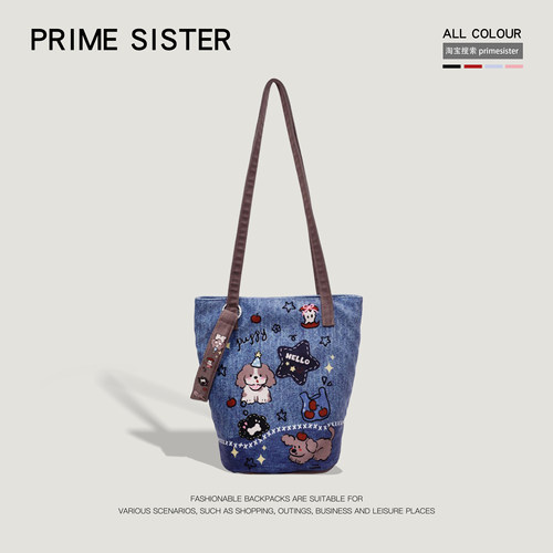 卡通插画水桶包包女带拉链帆布包