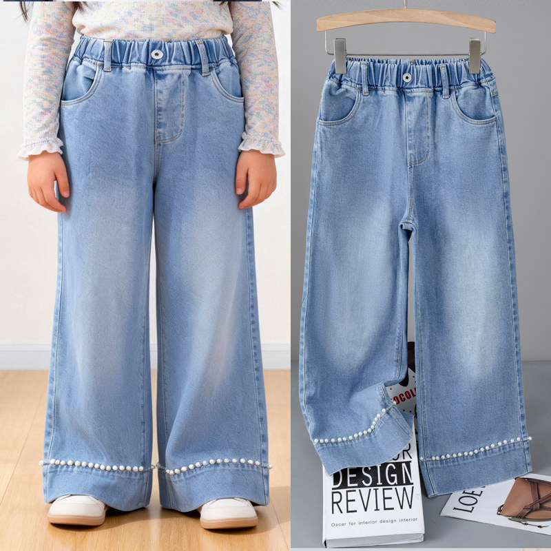 胖牛仔裤儿童春秋薄款中大童长裤子2025新款女孩珍珠胖女童宽松版