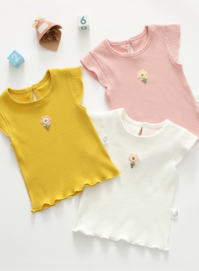 夏季薄款宝宝纯棉弹力上衣婴儿外穿女童飞袖洋气短袖打底衫T恤1岁