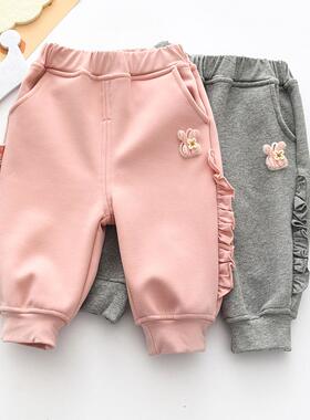 秋冬加绒女童宝宝休闲宽松运动裤婴儿开档保暖一体绒束脚大屁屁裤