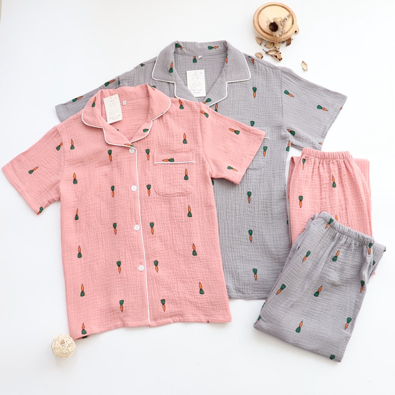 情侣夏季绉布棉双层纱布睡衣女薄款短袖长裤男士家居服棉布大码