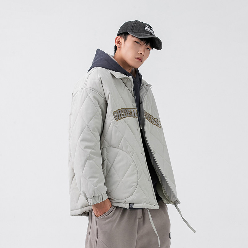 2026冬新款男日系字母刺绣菱形格翻领加厚棉衣宽松外套MY270-F155,男装棉衣,电商A101（原外27）