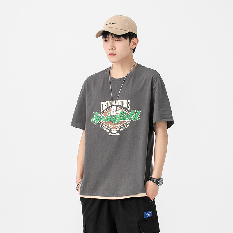 2026夏季新款男装日系潮流街头假两件字母印花短袖T恤T760-F45,男装T恤,电商A101（原外27）