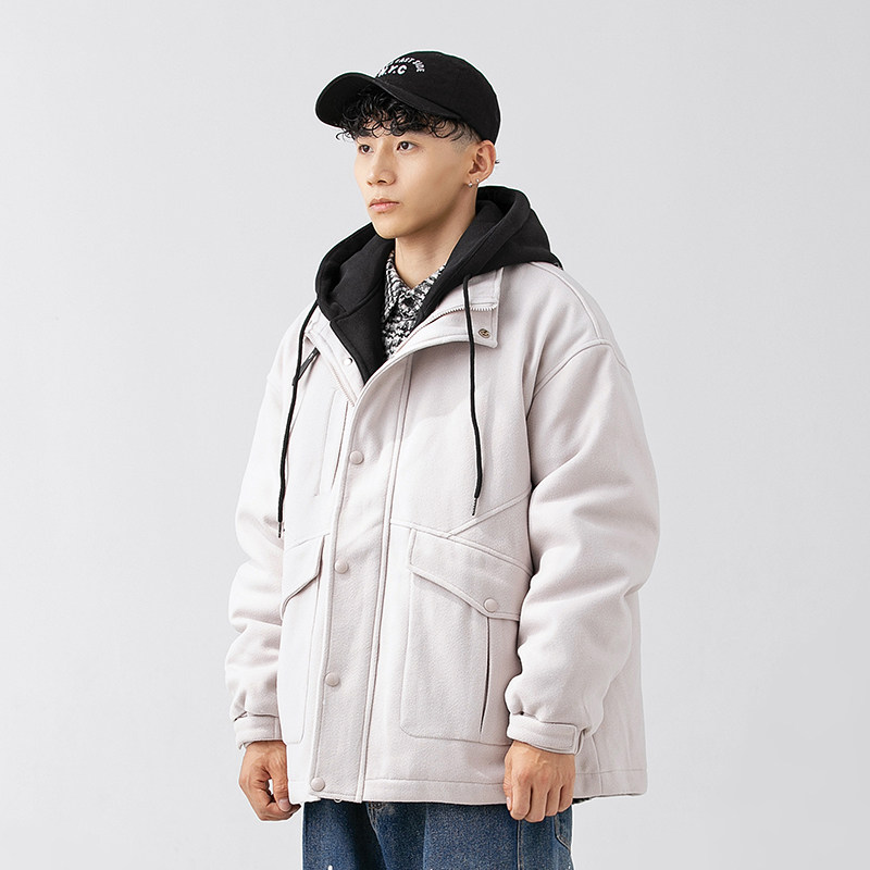 2026冬季新款男日系假两件工装连帽加厚毛呢外套棉服MY300-F195,男装棉衣,电商A101（原外27）
