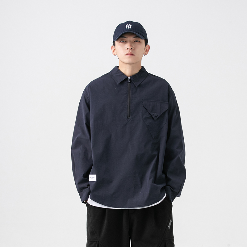 2024春季新款男装日系纯色宽松休闲贴布衬衫半拉链衬衣CS160-F85，男装衬衫，电商A101（原外27）