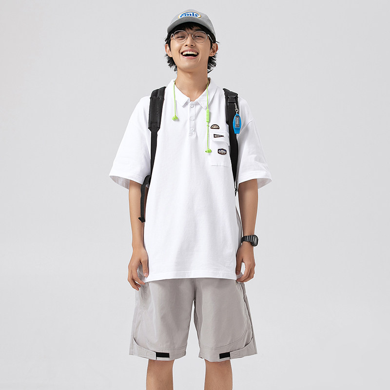 2026夏季新款男日系潮牌贴布纯色polo衫宽松翻领短袖T恤PL58-F60图片