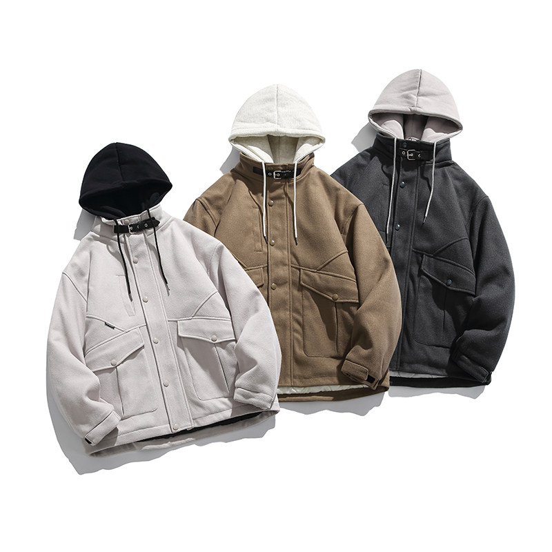 2026冬季新款男日系假两件工装连帽加厚毛呢外套棉服MY300-F195图片