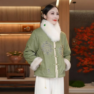 新中式国风气质百搭复古刺绣双面穿盘扣加绒加厚毛毛外套女装棉服