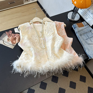 新中式国风重工刺绣亮片马甲女装2025秋冬季时尚复古毛毛拼接上衣