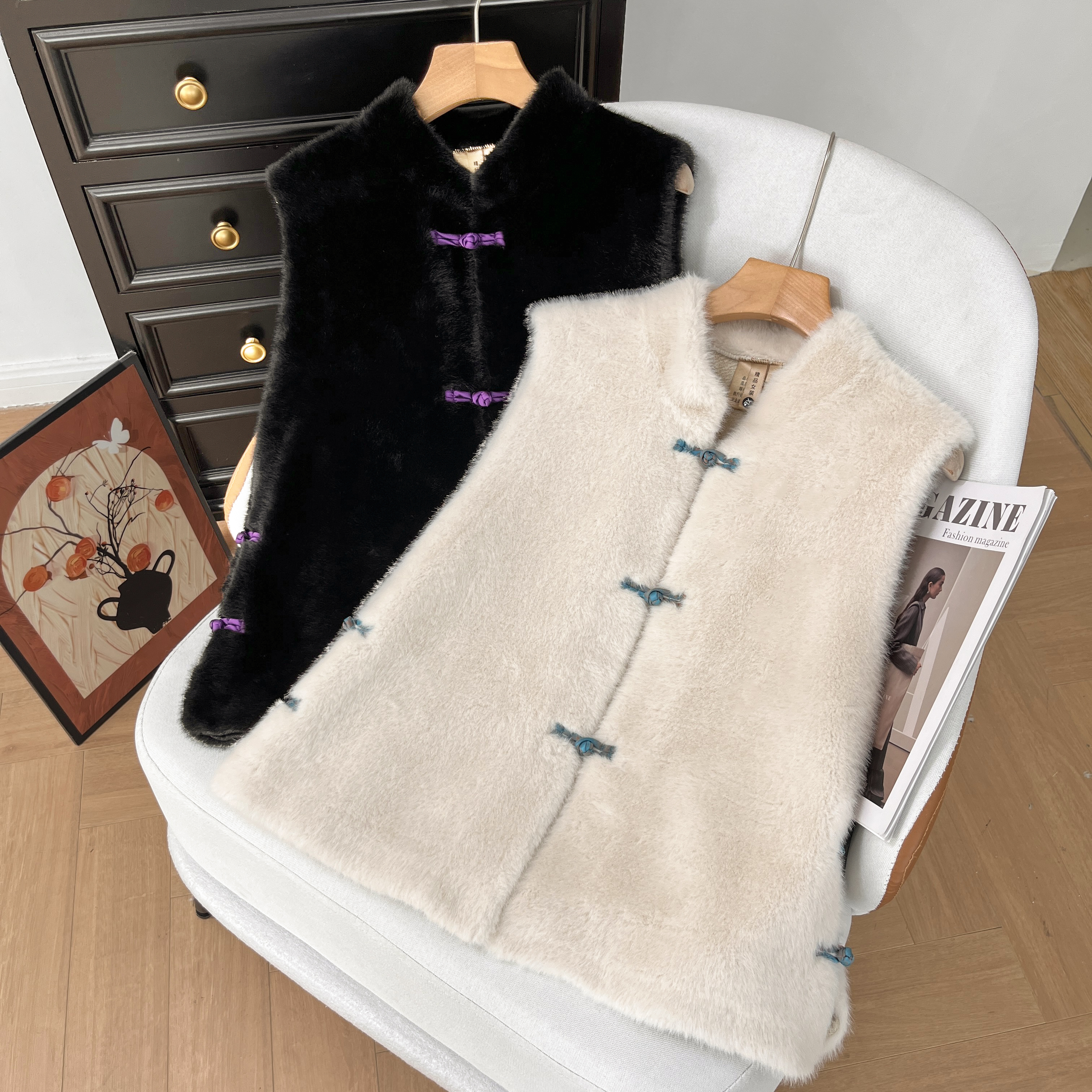 新中式国风2025秋冬季毛毛马甲背心女装加厚保暖外穿无袖马夹上衣