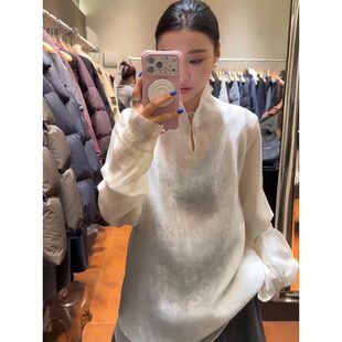 2026春秋季新中式国风立领衬衫女长袖高级感提花显瘦遮肉打底上衣