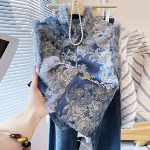 新中式国风毛领盘扣夹棉马甲背心女2025冬季时尚气质立领无袖马夹