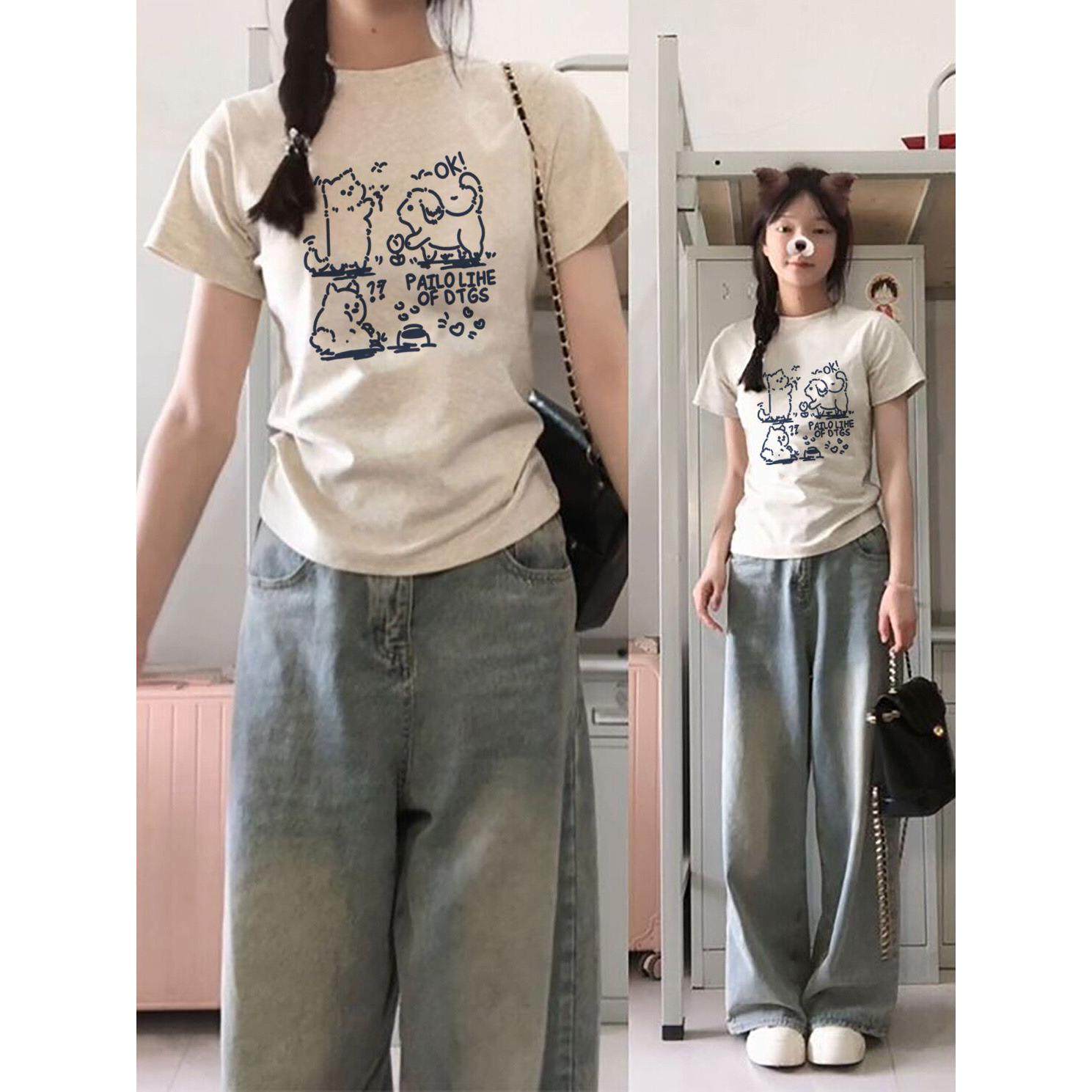 纯棉甜辣正肩学生短袖T恤女夏季修身显瘦百搭休闲简约美拉德上衣