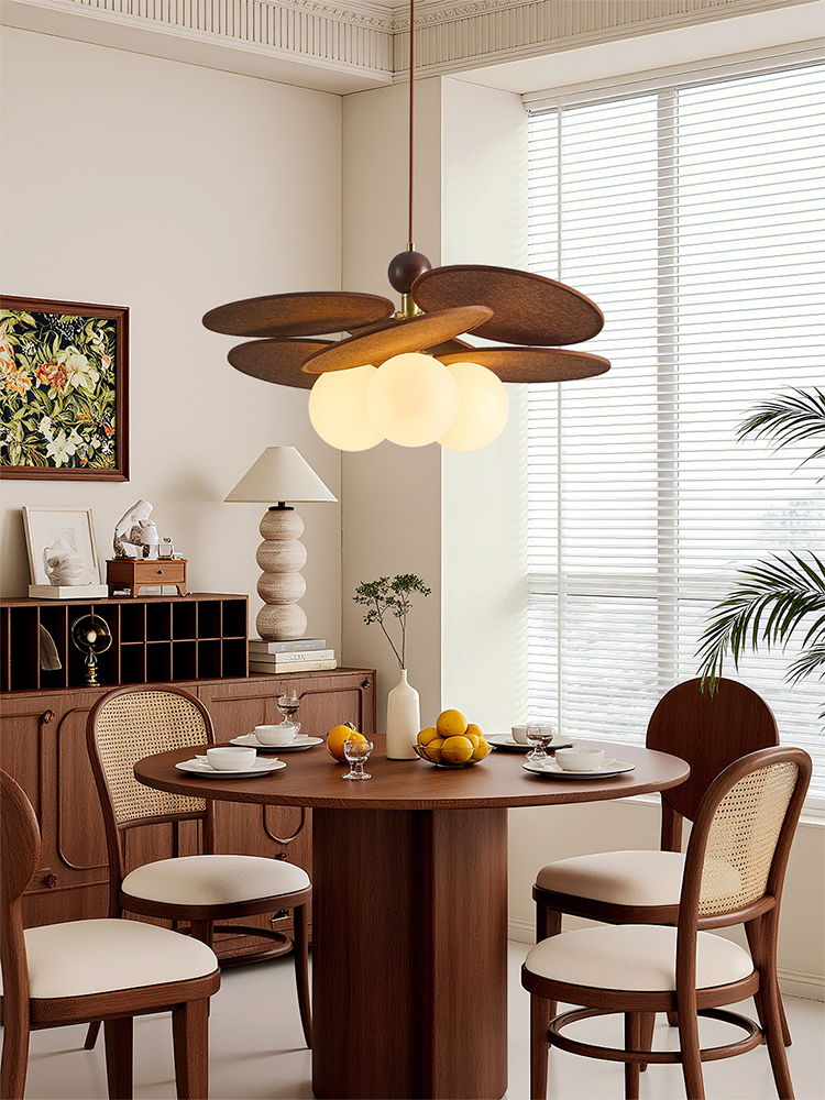 中古风藤编餐厅吊灯复古高级感胡桃木色法式魔豆餐桌灯卧室房间灯