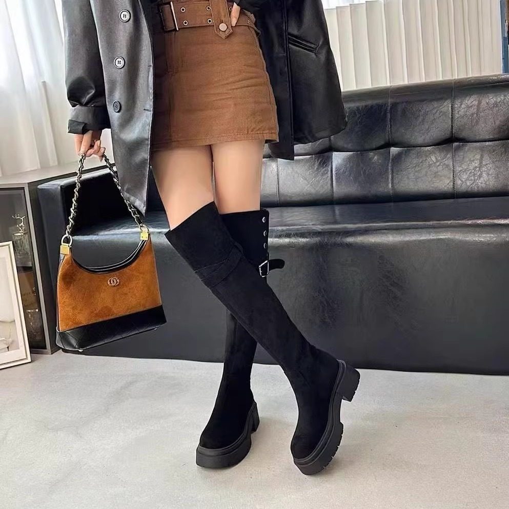 第一佳人女鞋长筒靴过膝盖靴加绒套筒两穿方跟鞋 25冬款女鞋百搭