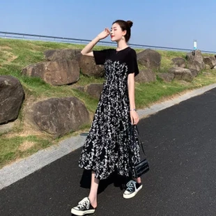 顯瘦長裙子夏裝 碎花裙短袖 赫本風女氣質2022新款 高腰連衣裙中長款