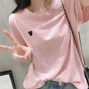 T恤刺绣上衣显瘦夏天正圆领基础款 肩粉色女装 竹节棉2024宽松短袖