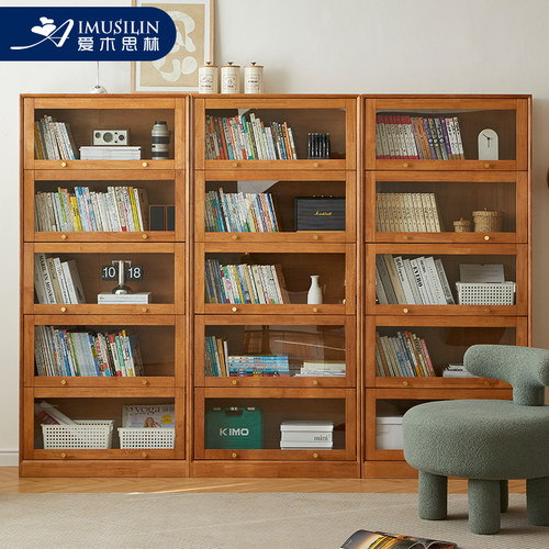 玻璃翻门防尘手办柜实木书柜