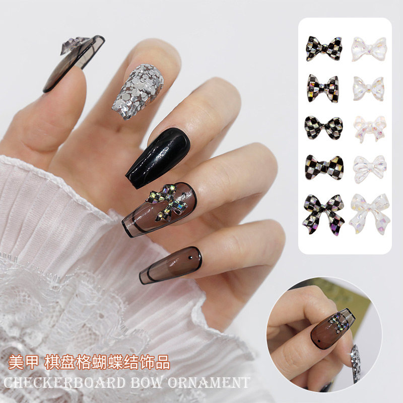 5g网红爆款棋盘格蝴蝶结美甲饰品经典格纹马赛克优雅少女心装饰品